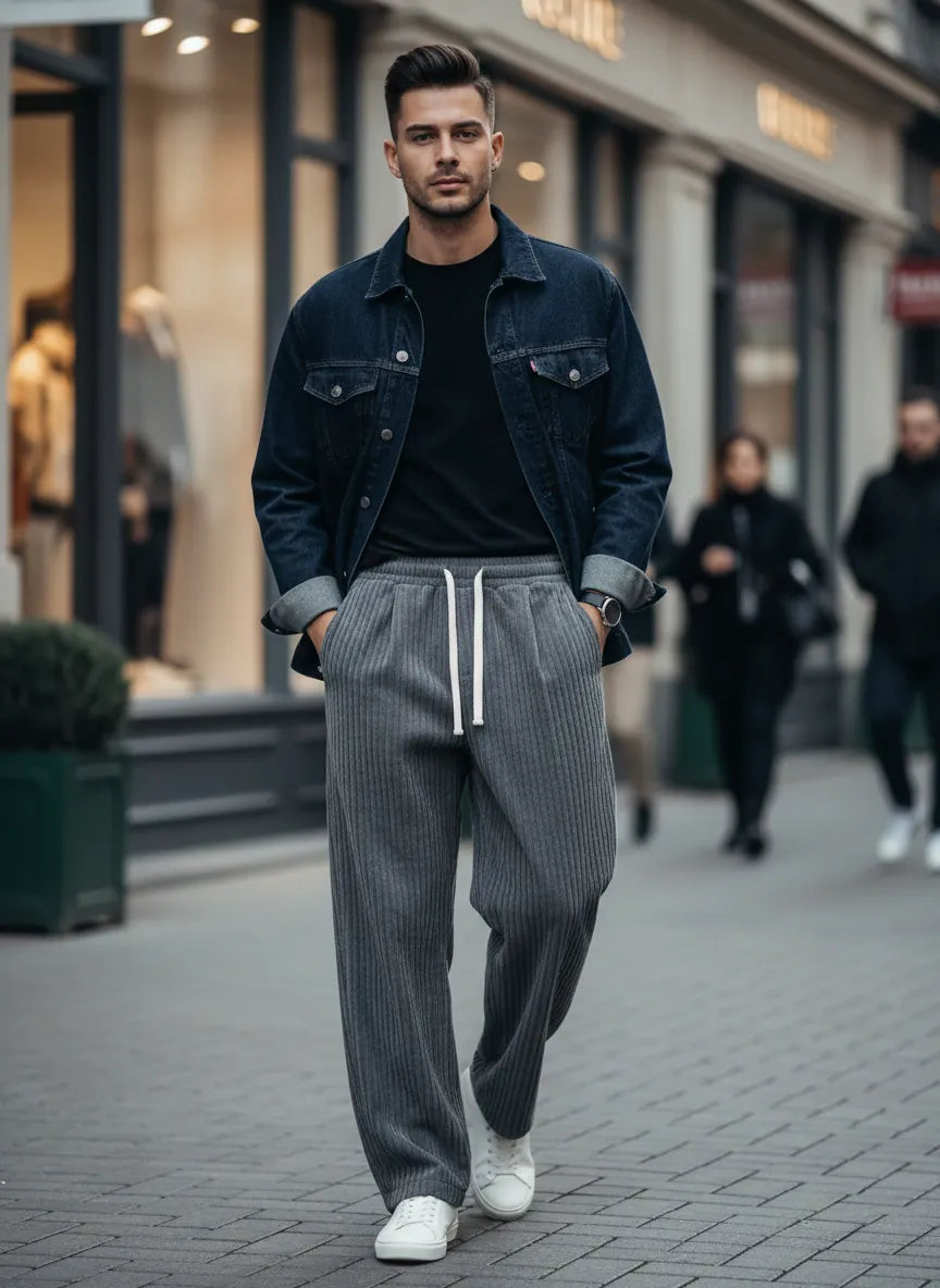 Wide Leg Cord Trousers with Drawstring Waist for Men
