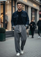 Wide Leg Cord Trousers with Drawstring Waist for Men