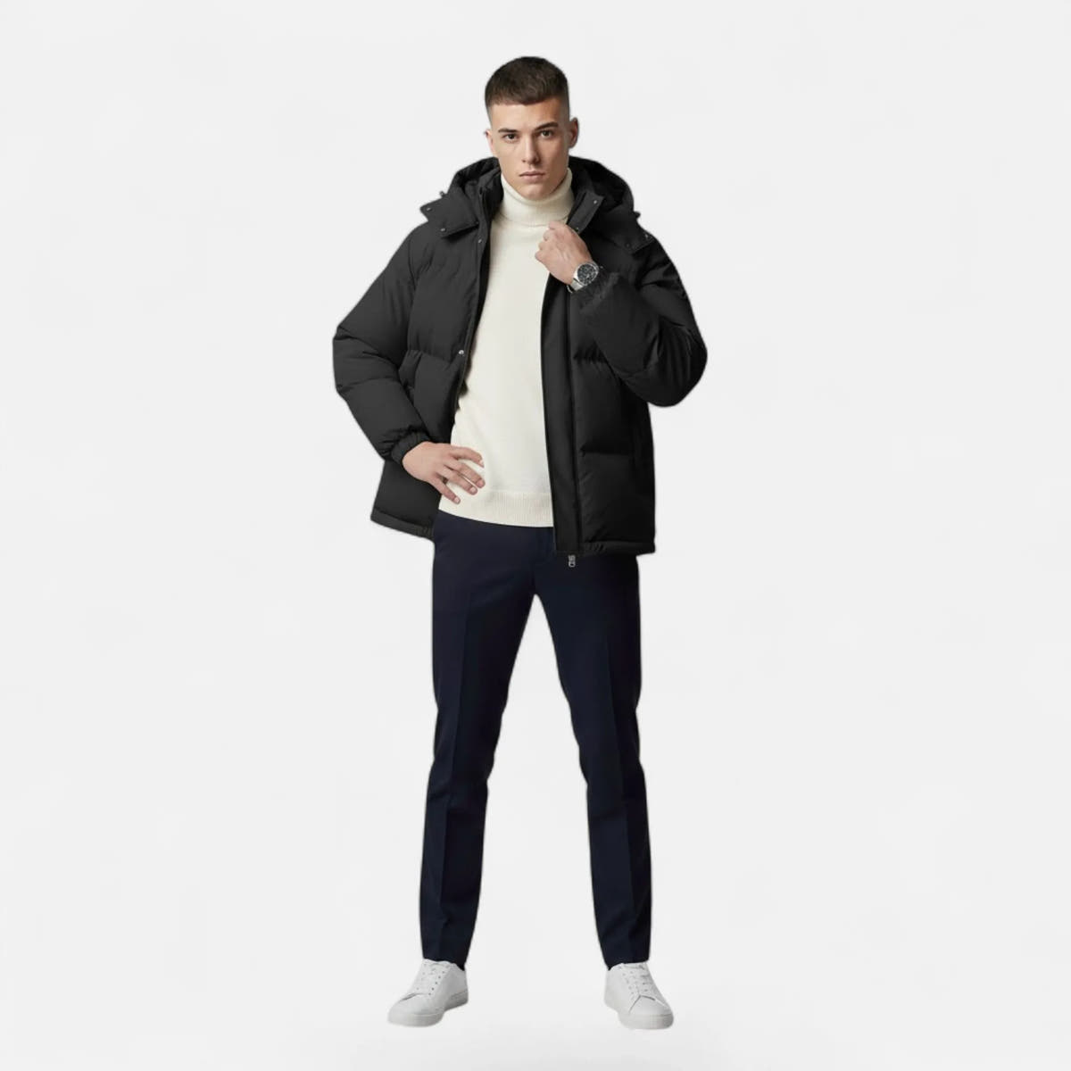 Zip-Front Hooded Solid-Colour Padded Jacket for Men