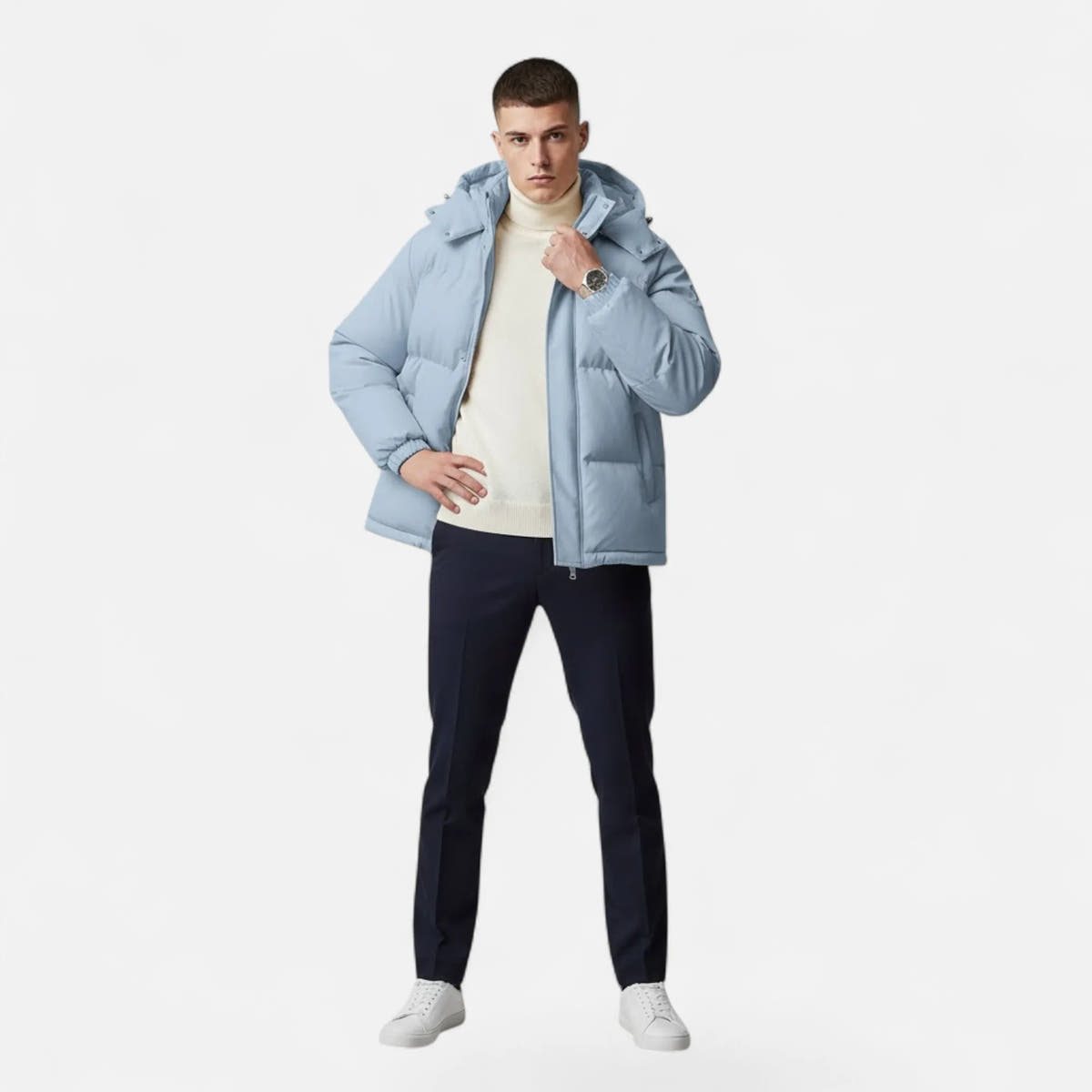 Zip-Front Hooded Solid-Colour Padded Jacket for Men