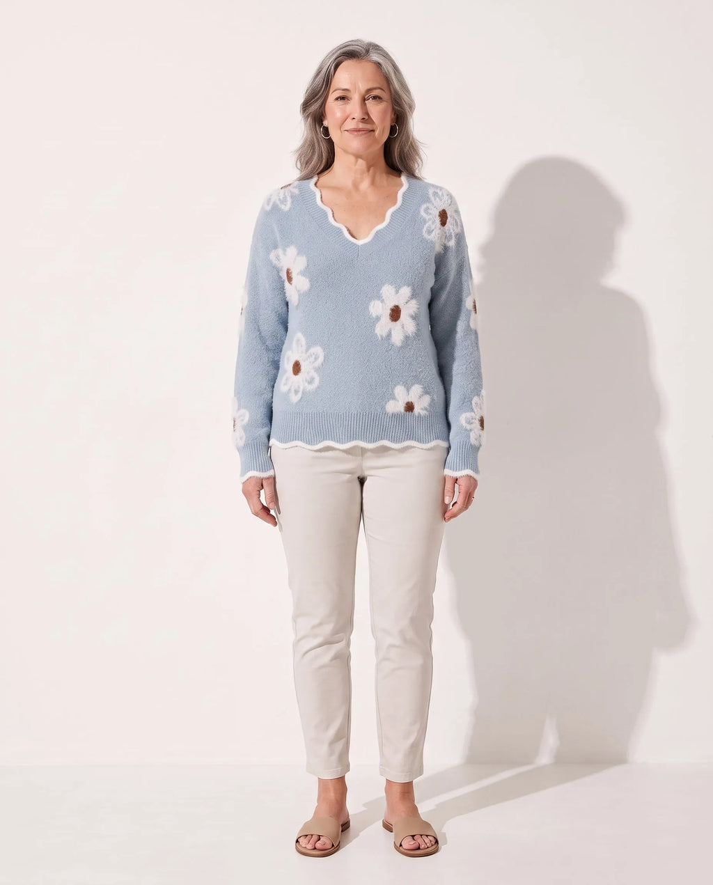 Anne | Women's V-Neck Textured Floral-Knit Sweater