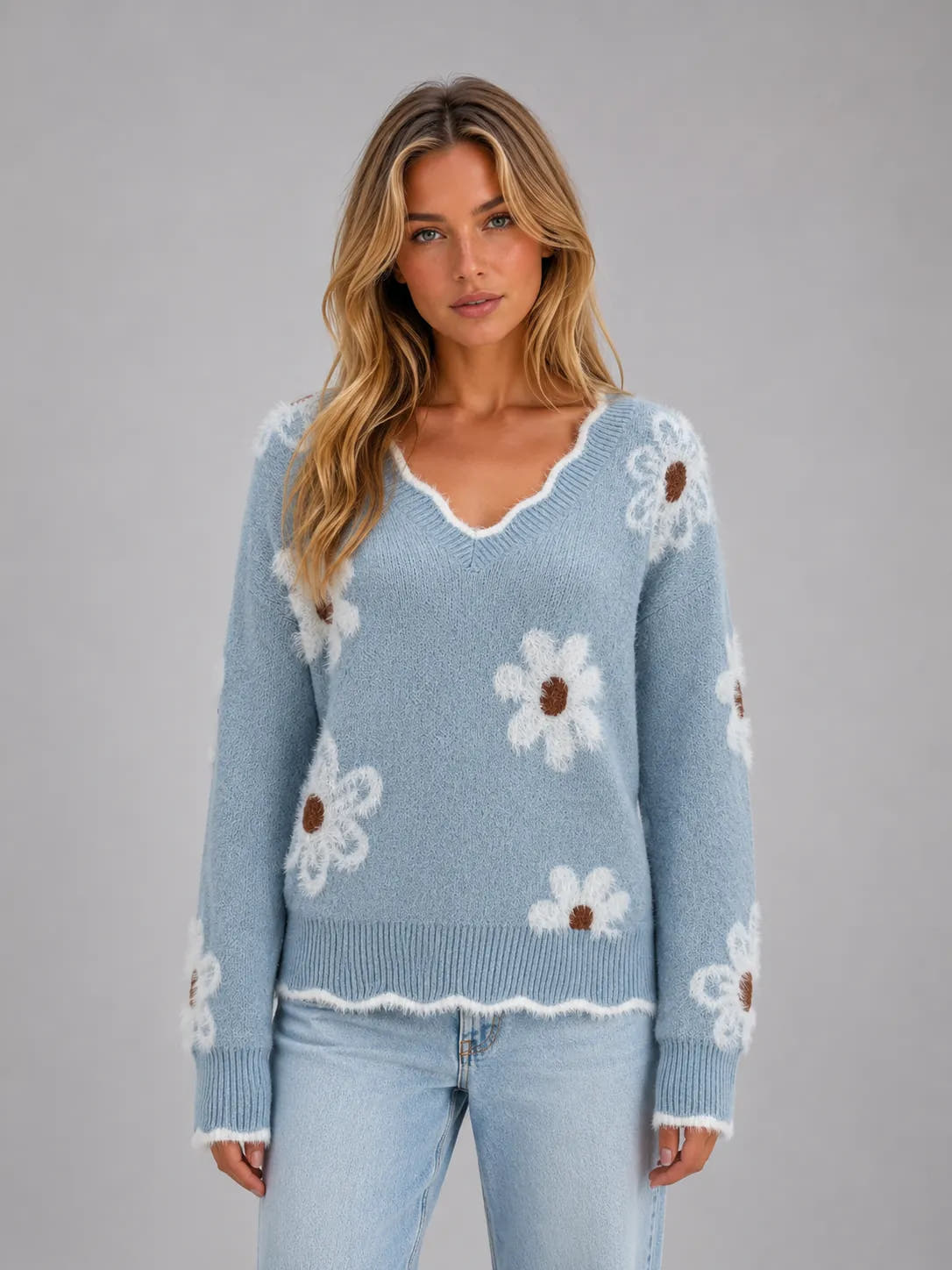 Anne | Women's V-Neck Textured Floral-Knit Sweater