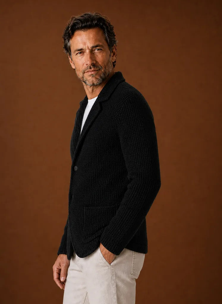 Button-Front Knit Blazer-Style Cardigan for Men