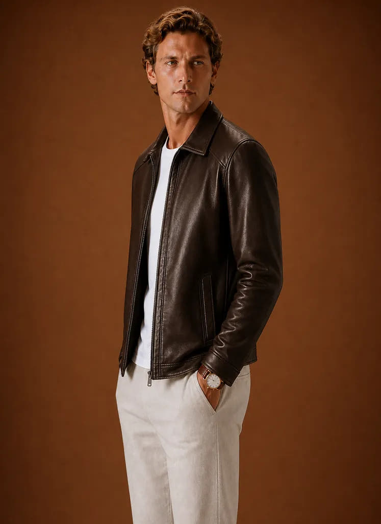 Classic Faux-Leather Full-Zip Front Jacket for Men
