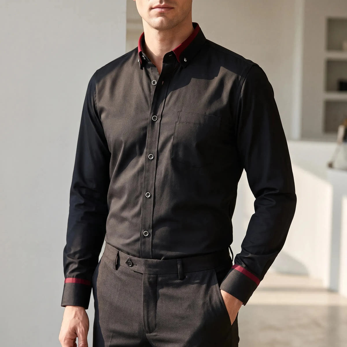 Contrast Detail Long Sleeve Button-Down Shirt for Men