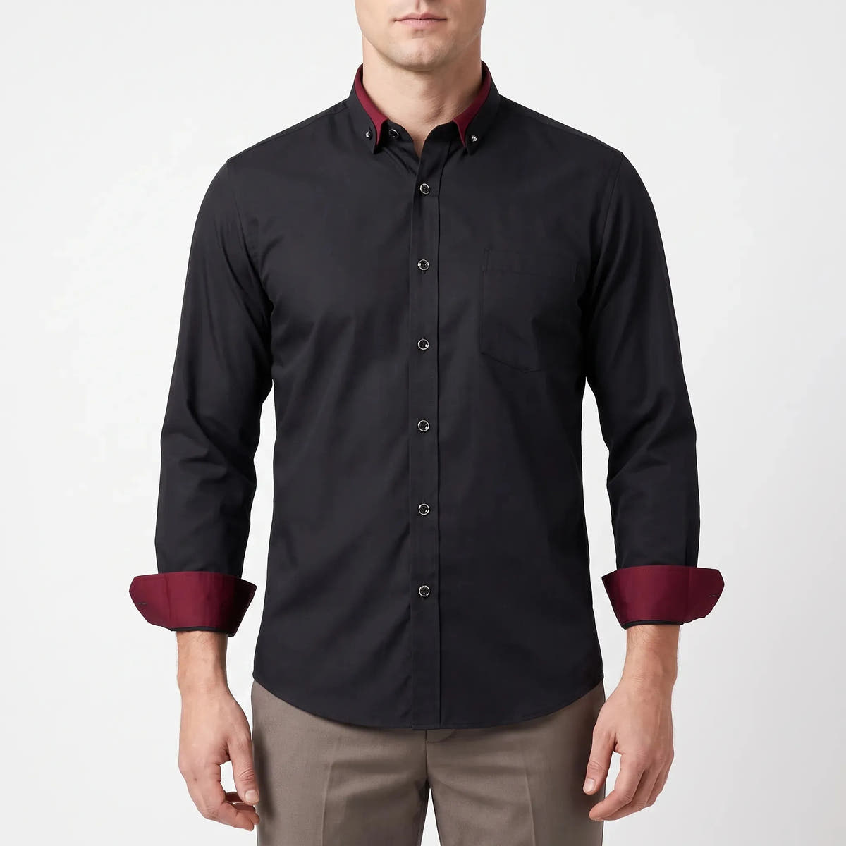 Contrast Detail Long Sleeve Button-Down Shirt for Men