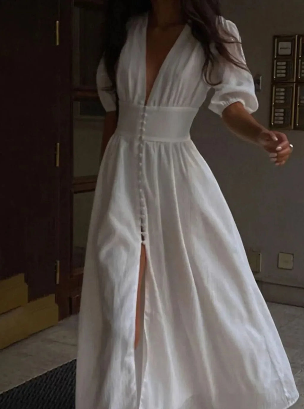 Cordelia | Women's Puff-Sleeve Button-Front Maxi Dress