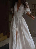 Cordelia | Women's Puff-Sleeve Button-Front Maxi Dress