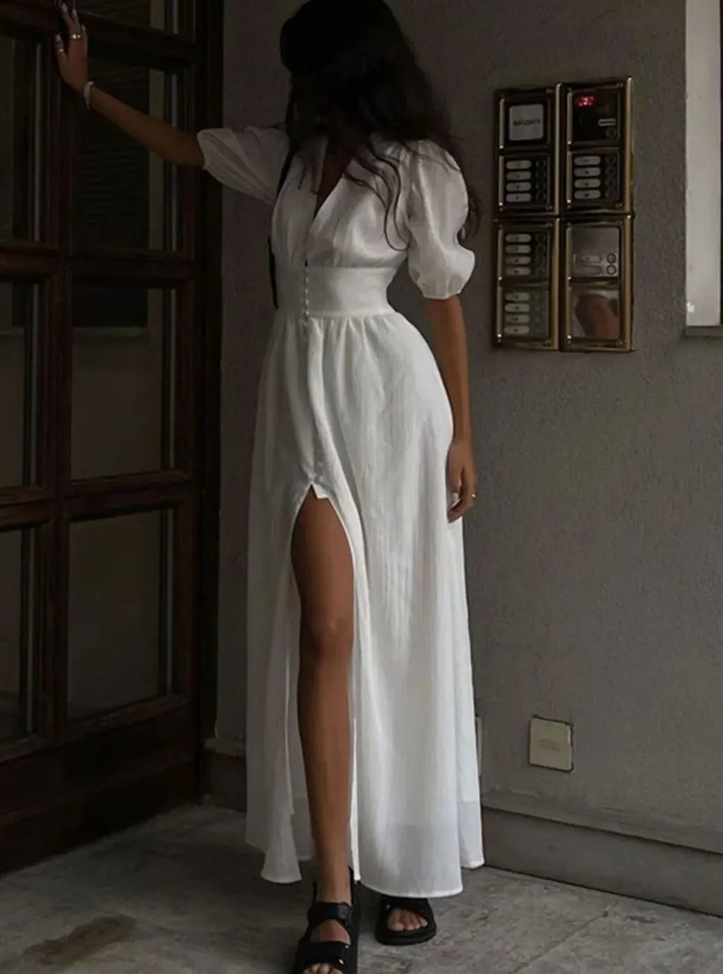 Cordelia | Women's Puff-Sleeve Button-Front Maxi Dress