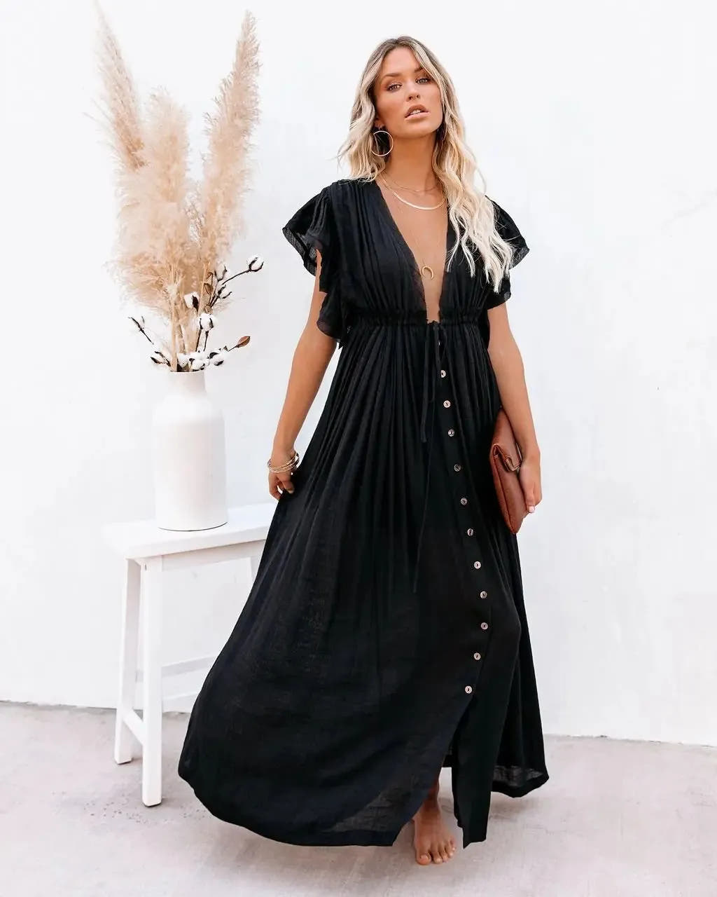 Leonie | Women's Wrap Flutter-Sleeve Boho Maxi Dress
