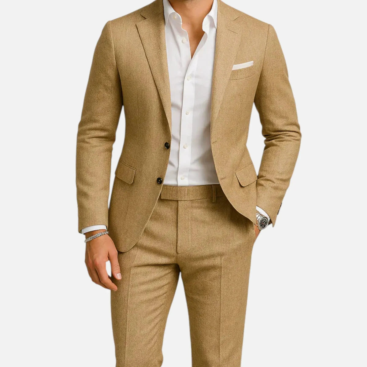 Linen Suit with Notched Lapel and Welt Pocket for Men