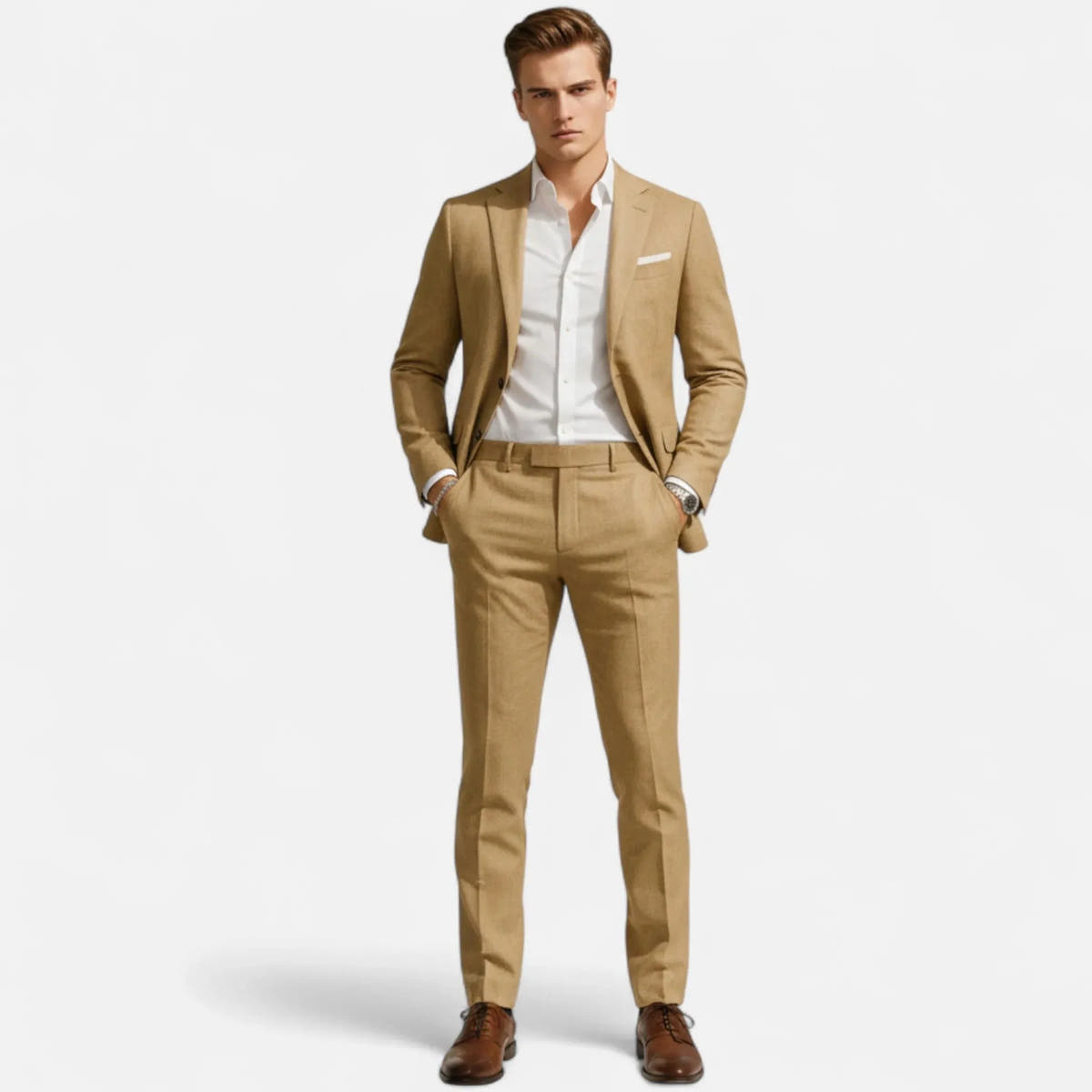 Linen Suit with Notched Lapel and Welt Pocket for Men