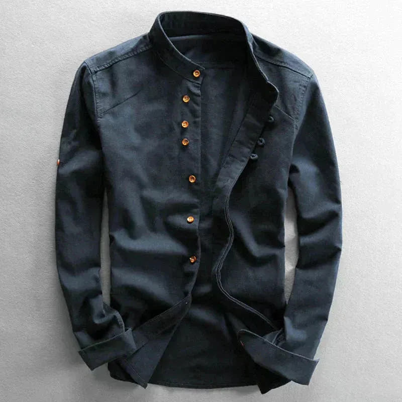 Mandarin Collar Shirt with Asymmetrical Placket for Men
