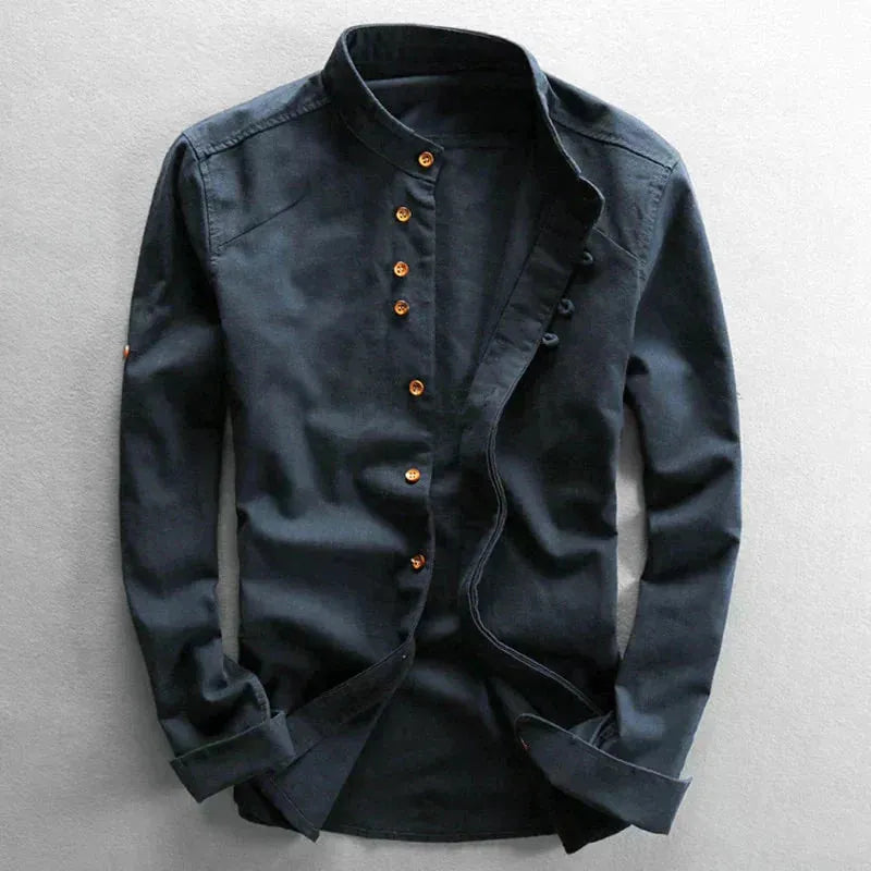 Mandarin Collar Shirt with Asymmetrical Placket for Men