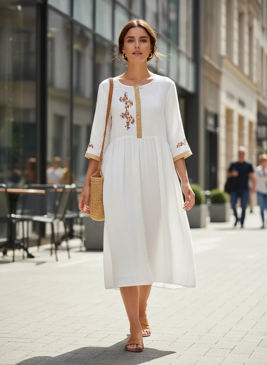 Marnie | Women's Embroidered Linen Midi Dress