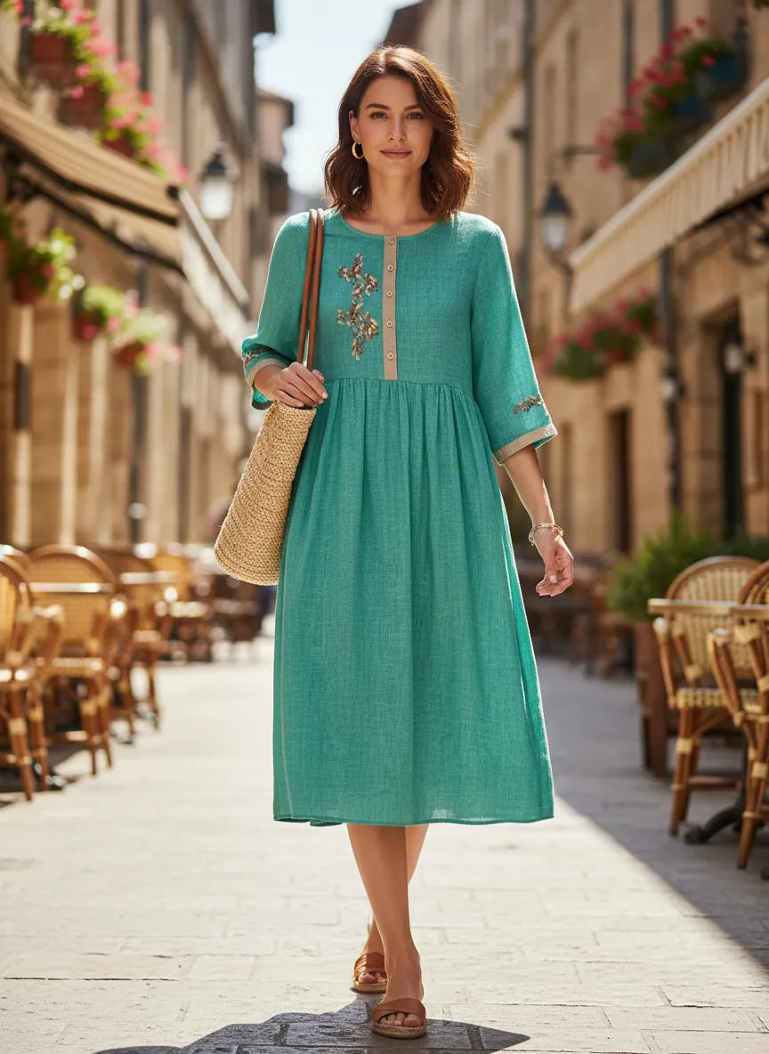 Marnie | Women's Embroidered Linen Midi Dress