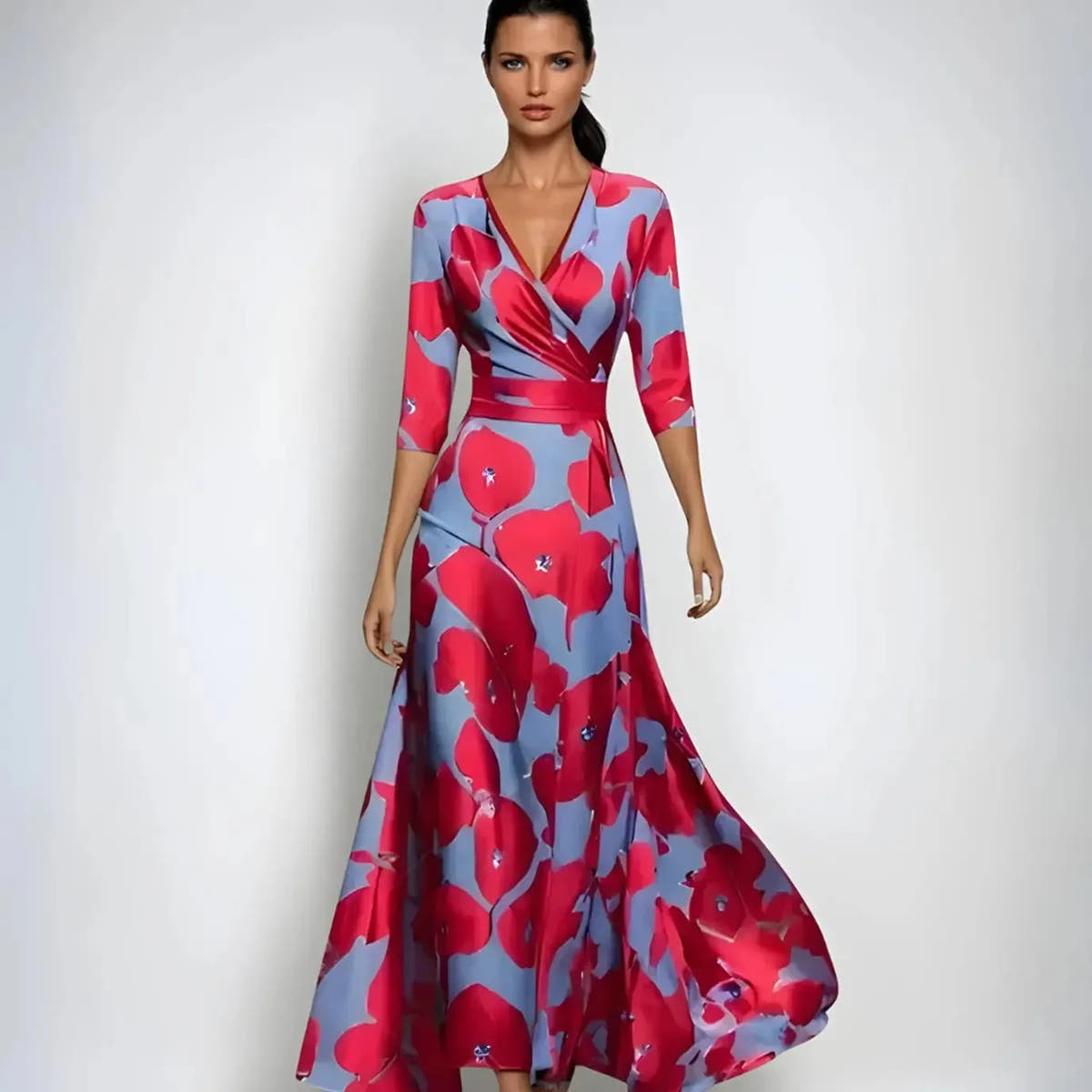 Ramona | Women's Wrap Floral Three-Quarter-Sleeve Maxi Dress