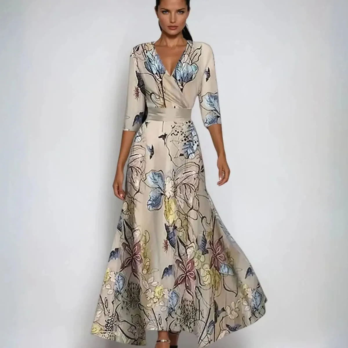Ramona | Women's Wrap Floral Three-Quarter-Sleeve Maxi Dress