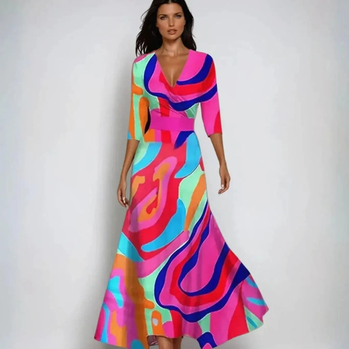 Ramona | Women's Wrap Floral Three-Quarter-Sleeve Maxi Dress