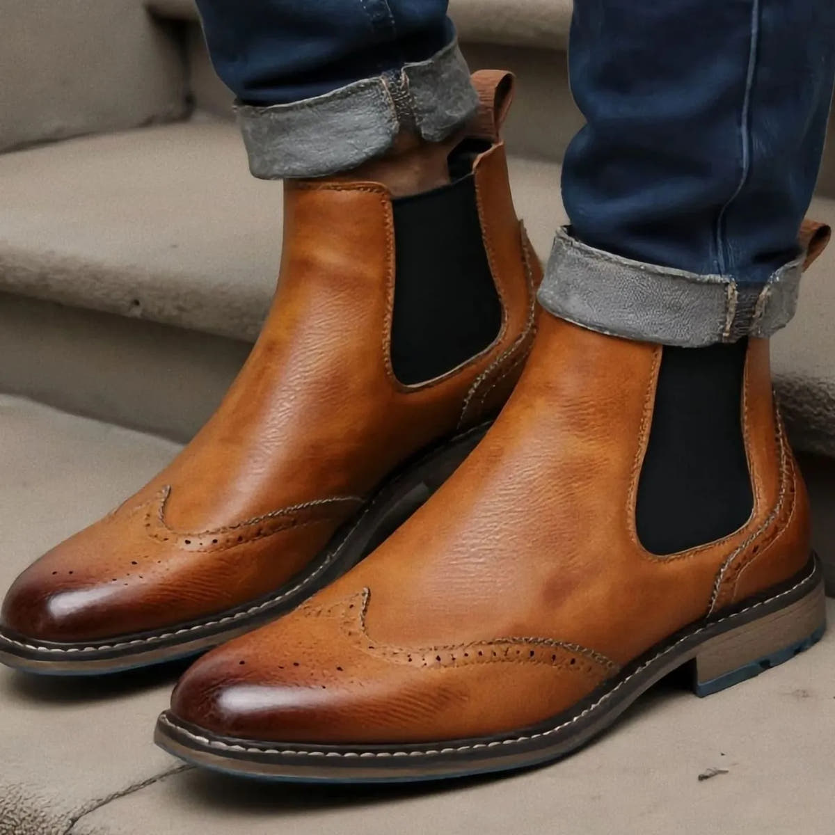 Wingtip Brogue Chelsea Boots Leather-Look for Men